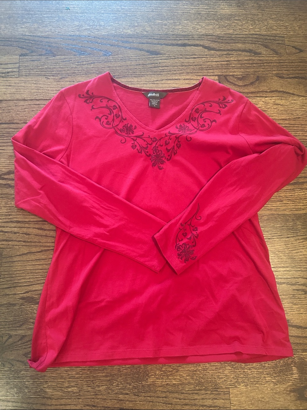 Eddie Bauer Red Long Sleeve V‑Neck Top with Black Embroidery